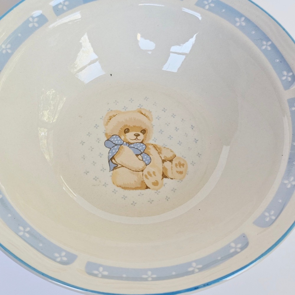 Vintage Tienshan Stoneware Teddy Bear Cereal Bowls Set of 6 Blue Nursery Kitsch - Picture 8 of 15